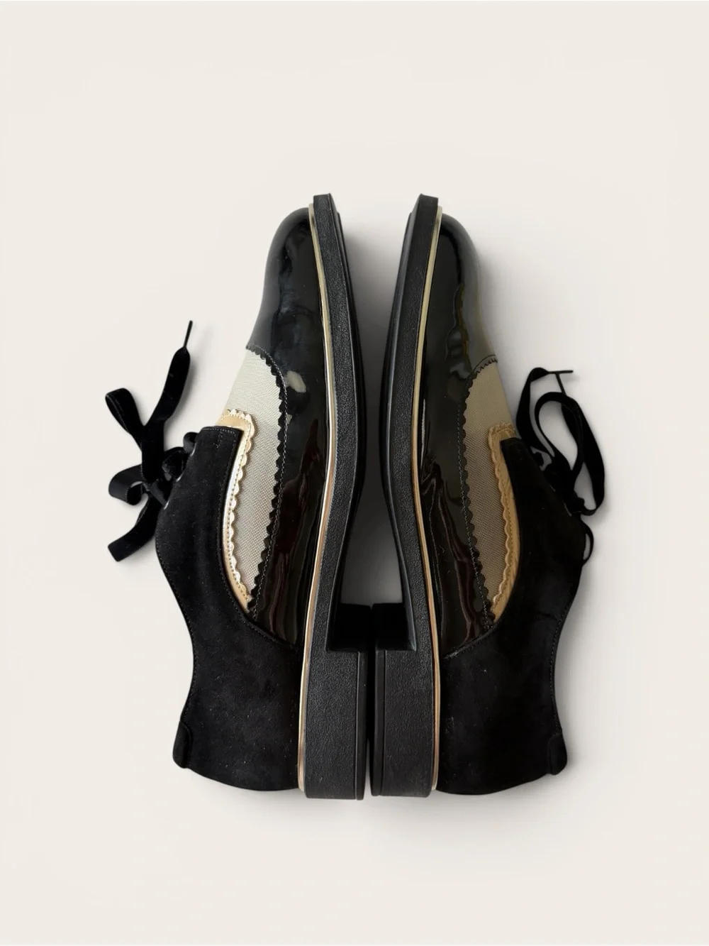 BeautiFeel Black Patent Cream Leather Spectator Lace Up Oxford Flats⁠